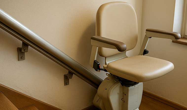 Treppenlift mit Führungsschiene an Holztreppe